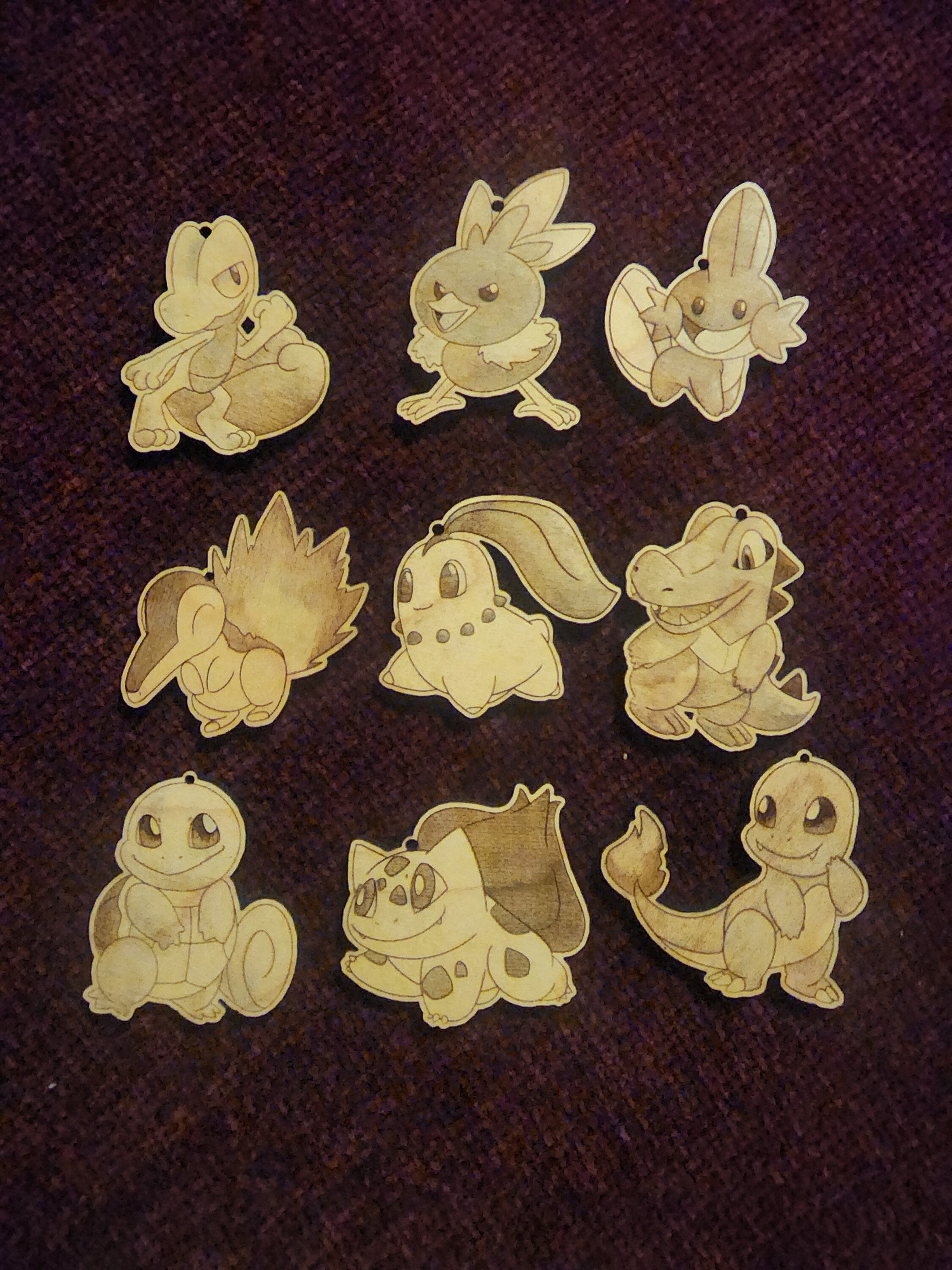 Gen 1-3 Starter Pokemon Wooden Keychains